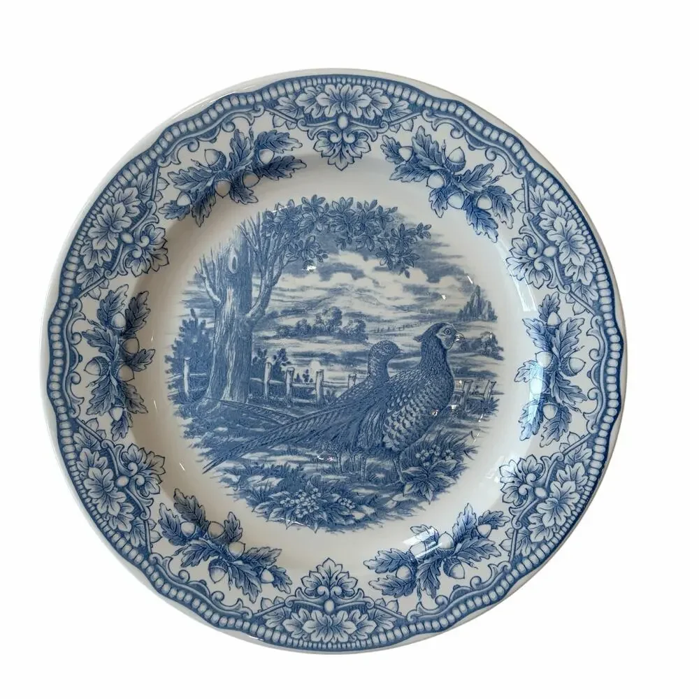 Royal Stafford Thanksgiving Pheasant Dinner Plates 11in Set of 4 Blue NEW